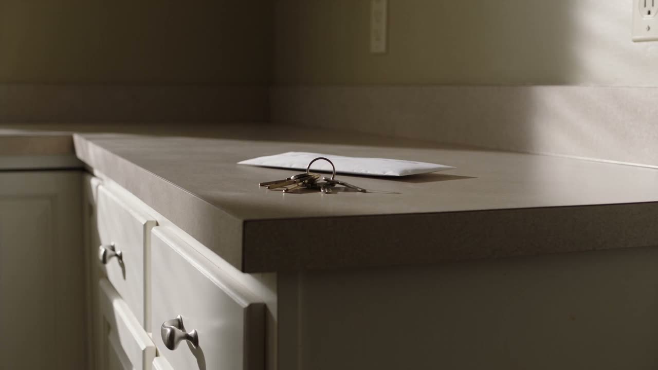 A set of house keys and a folder of paperwork on a table by a window at the end of the day